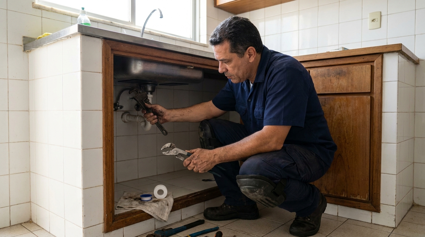 Encanador realizando manutenção em Itaquaquecetuba‑SP