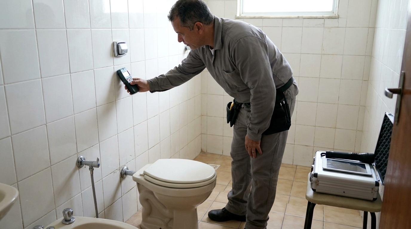 Técnico de caça vazamento analisando tubulação em Itaquaquecetuba‑SP