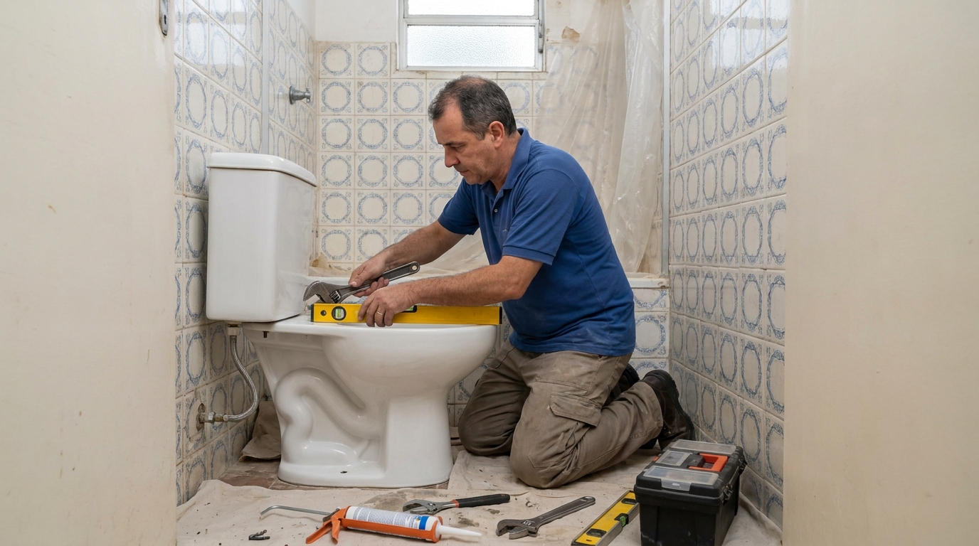 Técnico instalando vaso sanitário em Itaquaquecetuba‑SP